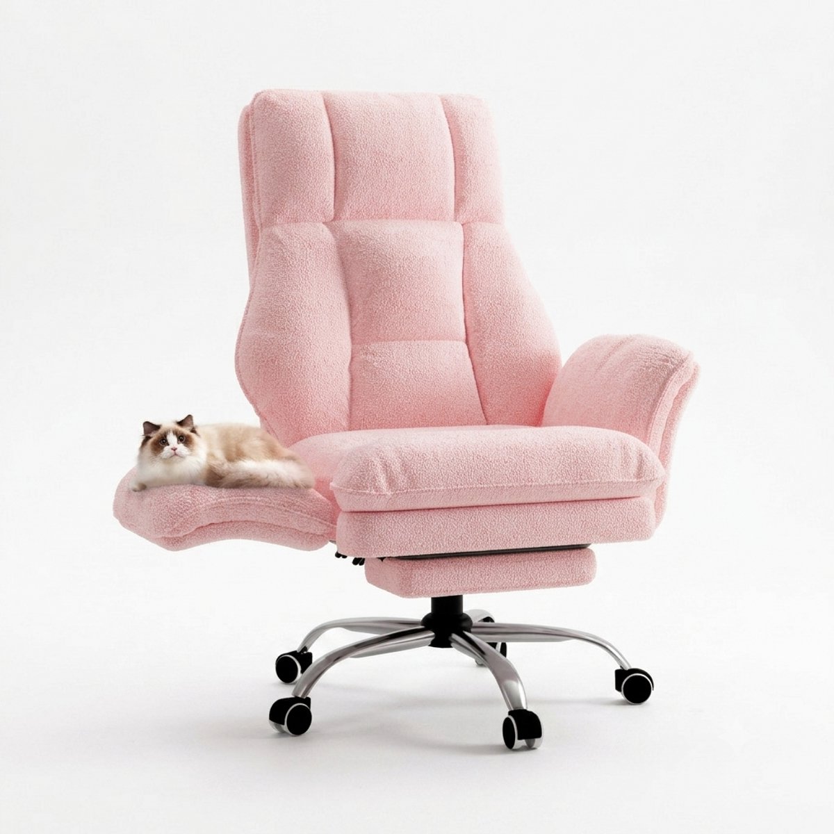 NordHaus Grote en Hoge Bureaustoel - Ergonomische Gamingstoel - Executive Computerstoel - Opklapbare Armleuningen - Roze Teddy Fleece met Voetensteun