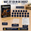 Inhoud van Spanningsveld magnetisch spel: 20 blauwe magnetische stenen, geel touw, opbergzakje, handleiding.
