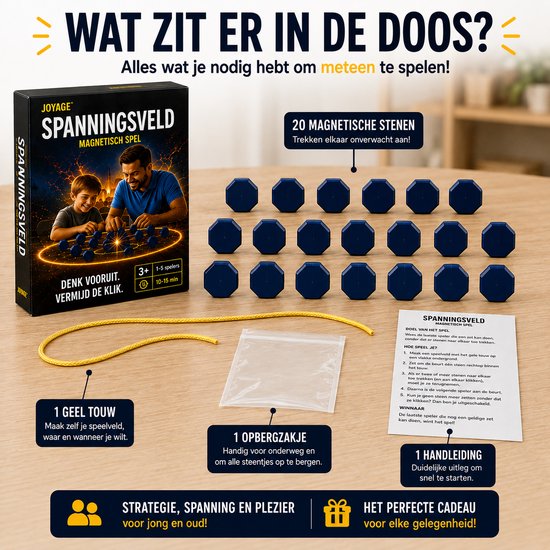 Inhoud van Spanningsveld magnetisch spel: 20 blauwe magnetische stenen, geel touw, opbergzakje, handleiding.