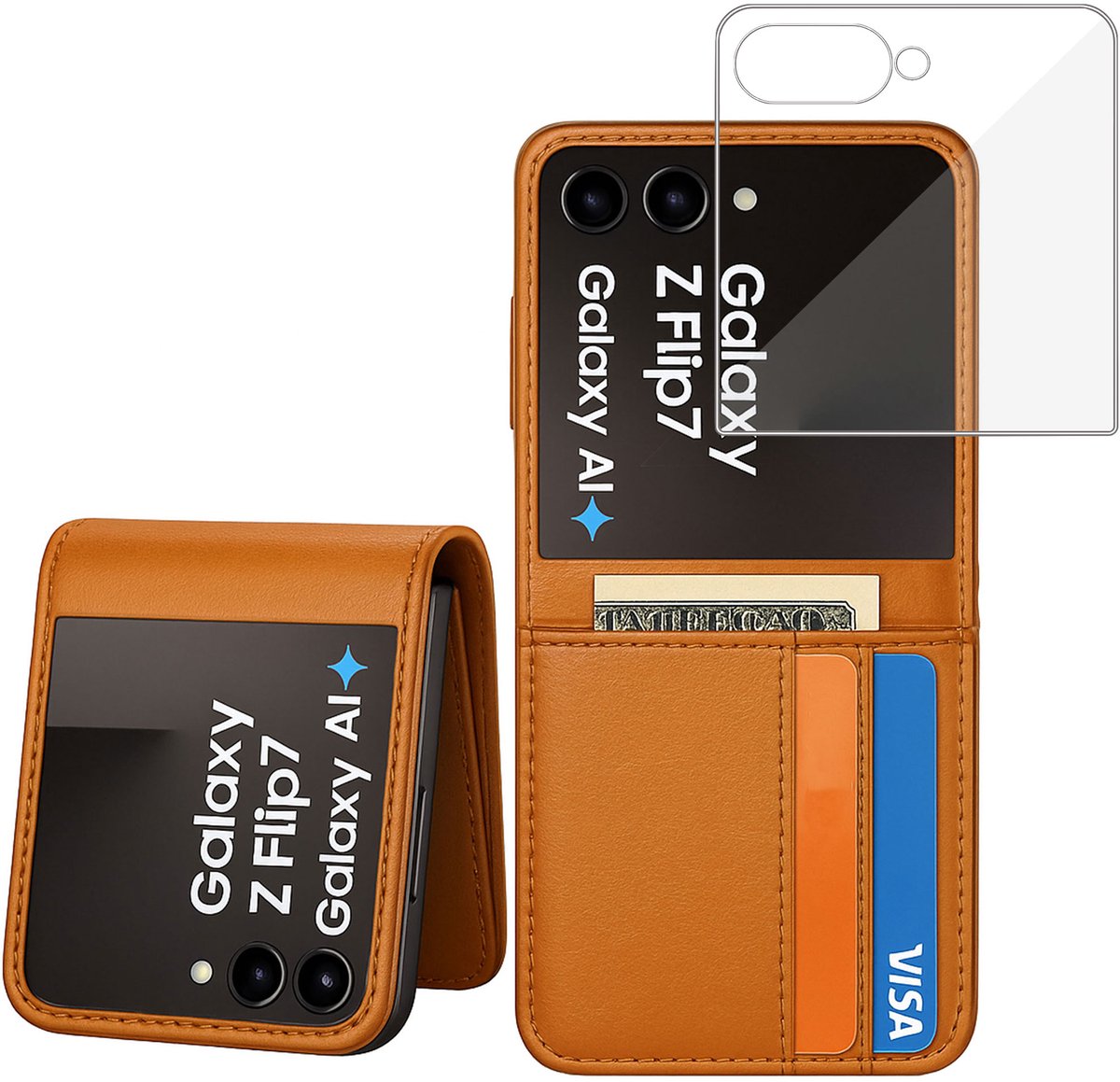 ChiGuard Wallet Case & screenprotector geschikt voor Galaxy Z Flip 8 – Book Case - Portemonnee - Cognac Caramel