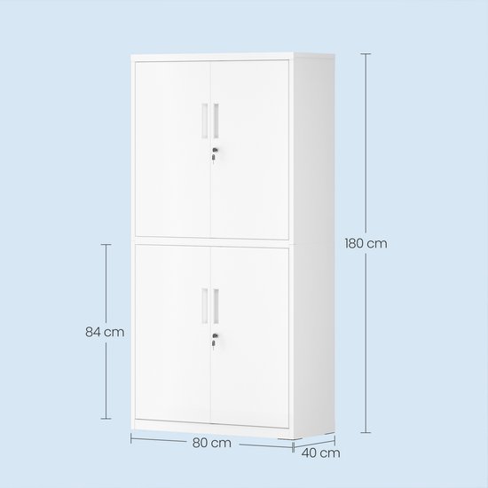 Witte archiefkast van metaal, 180 cm hoog, 80 cm breed, 40 cm diep, met twee stapelbare secties van elk 84 cm hoog, voorzien van handgrepen en sloten.