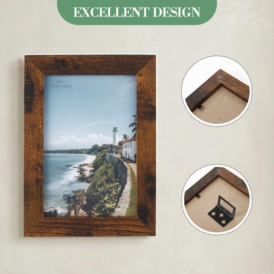 Cadre photo en bois de 10x15 cm, finition marron vieilli avec fixation murale.