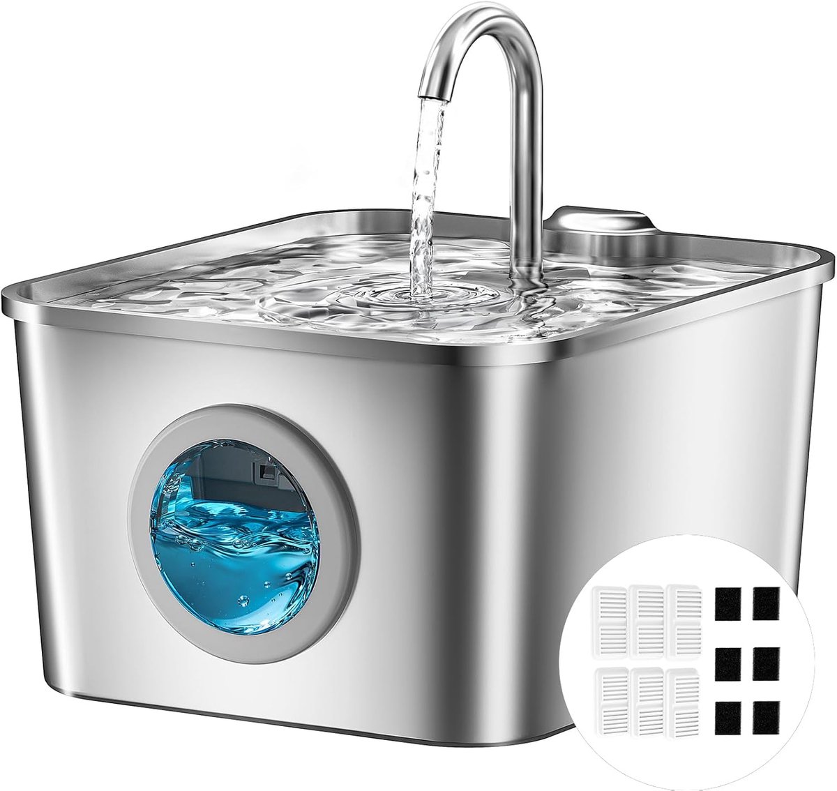 SnelShoppen - Katten Drinkfontein 2,6 L van Roestvrij Staal, Stille Automatische Drinkfontein met Kabel, Vierlaagse Filtering en 6 Filters, Gemakkelij