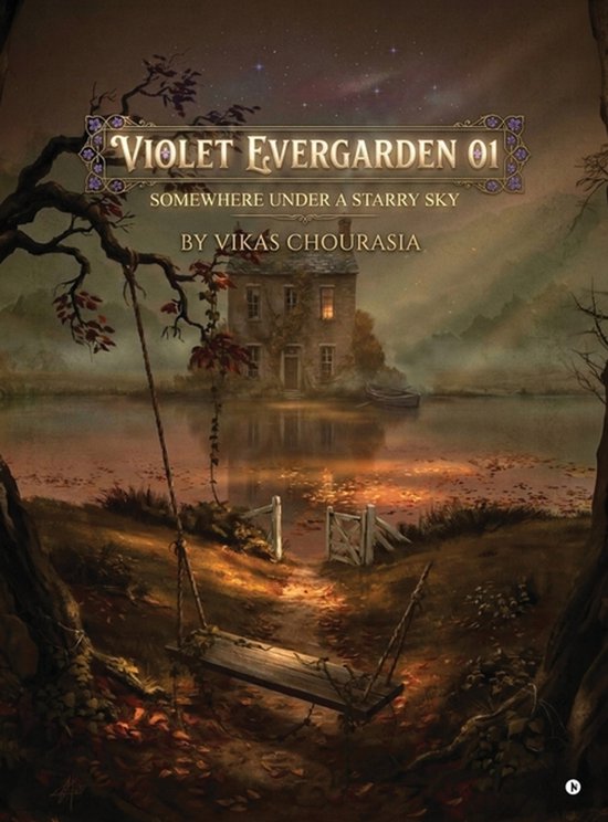 Boekomslag van 'Violet Evergarden 01', met een huisje bij een sterrenhemel en een schommel.