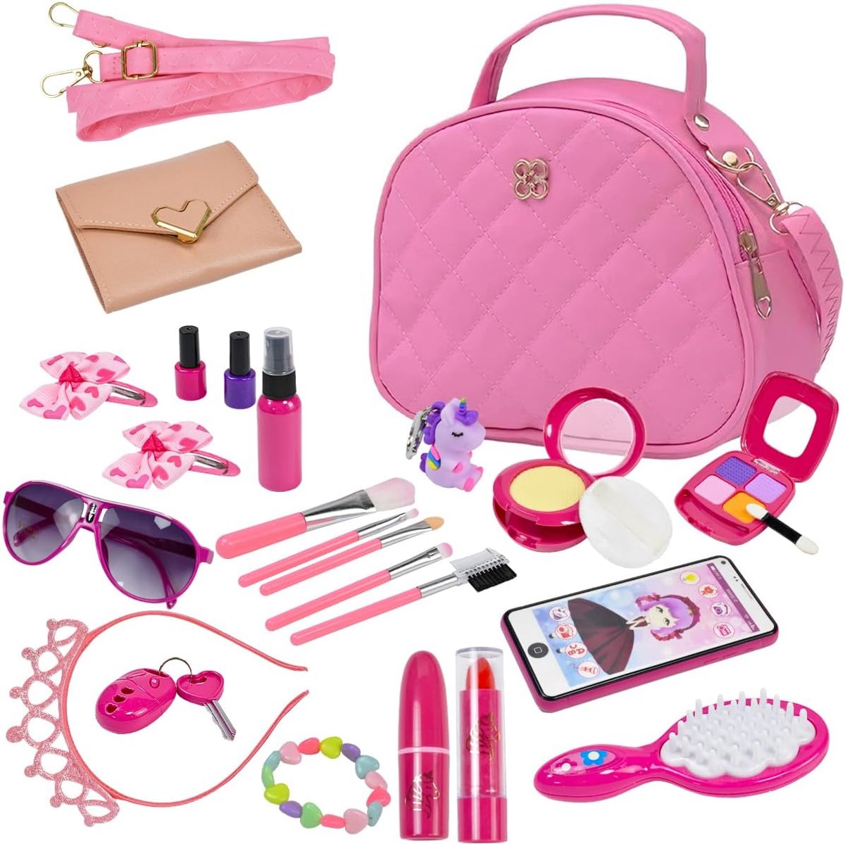 SnelShoppen - Set van 32 Roze Speelgoed Make-up en Accessoires voor Kinderen - Make-up Set met Lippenstift, Oogschaduw, Nagellak, Zonnebril en Haarban