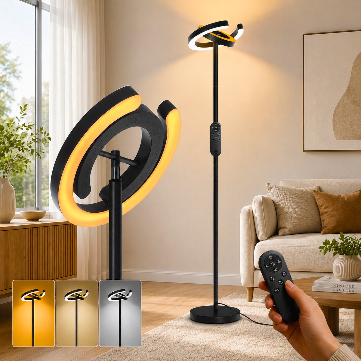 Lapamax Design LED Vloerlamp 190 cm-Moderne Staande Lamp met Dubbele C-vormige Lichtbogen-Magnetische Afstandsbediening en Instelbaar 1900K-6500K Licht-Creëer een Warme Sfeer en Sfeerlamp voor Woonkamer, Slaapkamer en Kantoor