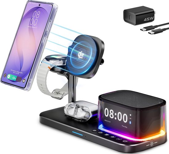 Zwarte draadloze oplader met telefoon, horloge, oordopjes en een wekker met RGB-verlichting. Inclusief 45W adapter.