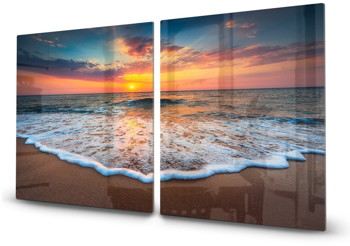 Mydesignglas Glazen Inductie Beschermer - Krasvrij Gehard Glas met Antislip - Afdekplaat voor Kookplaat - Spatscherm Achterwand Keuken - Zonsopkomst aan zee - 2x40x52