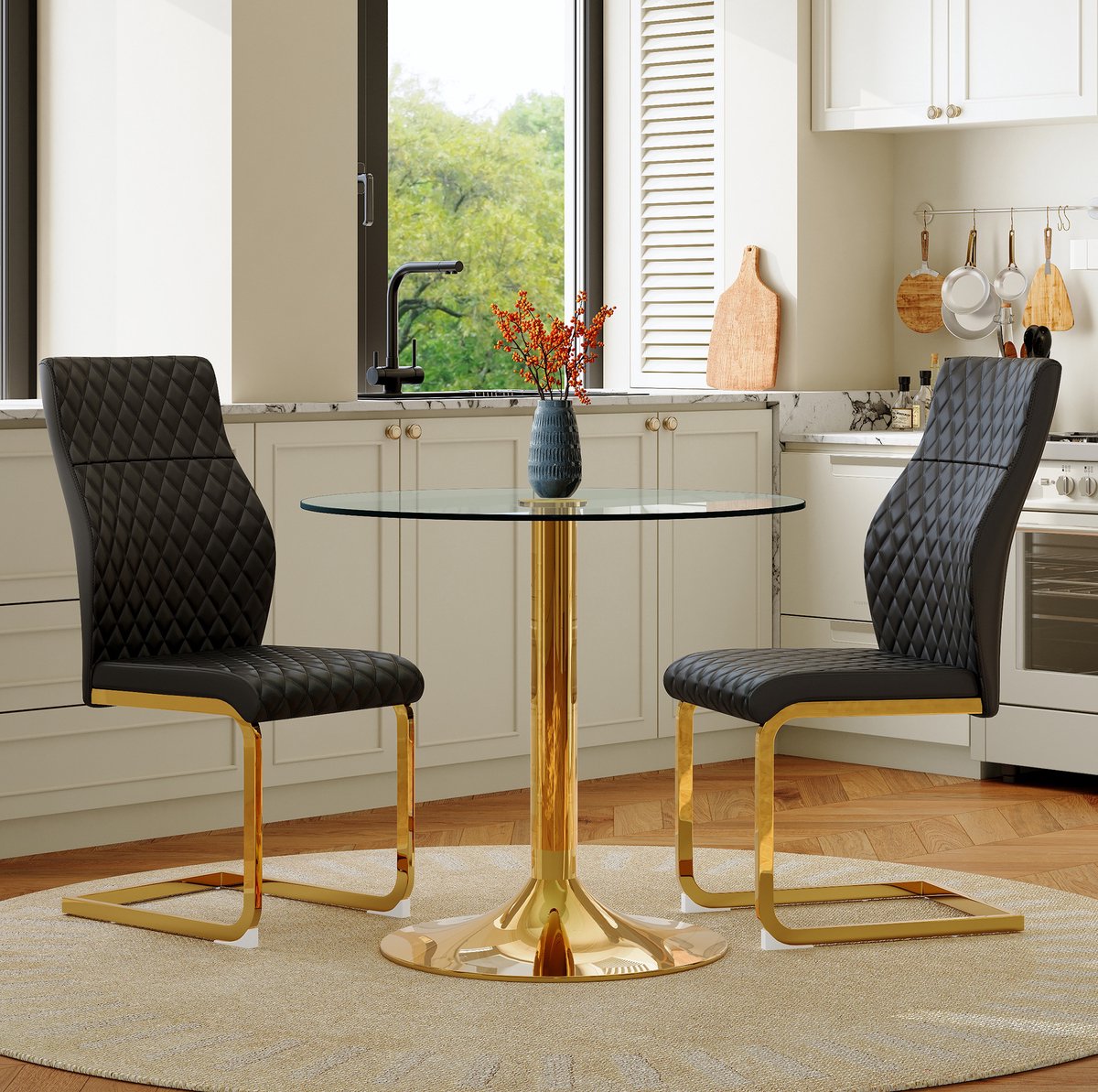MODFU Ronde Eettafelset - Glazen Tafelblad - 2 Stoelen - Zwart Goud - 85 Cm