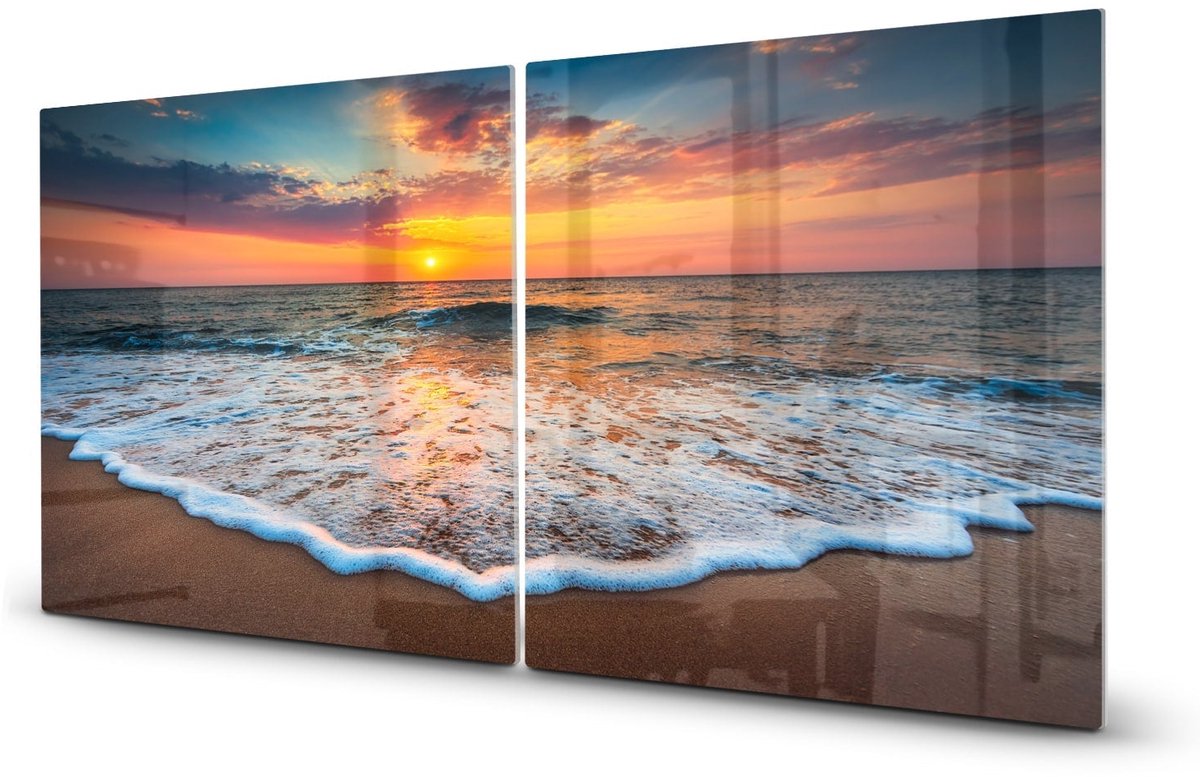 Mydesignglas Glazen Inductie Beschermer - Krasvrij Gehard Glas met Antislip - Afdekplaat voor Kookplaat - Spatscherm Achterwand Keuken - Zonsopkomst aan zee - 2x45x52
