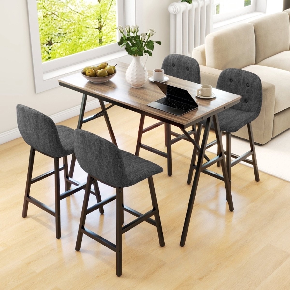 MODFU Bartafelset - 4 Stoelen - Industrieel - Donkergrijs - Hout - Metaal