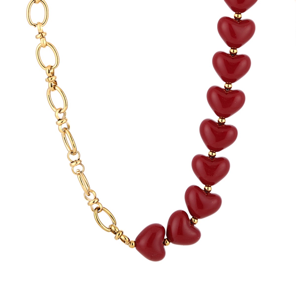 Heart Bead & Paperclip Chain Necklace – Harten Kralen Ketting – RVS - Rood