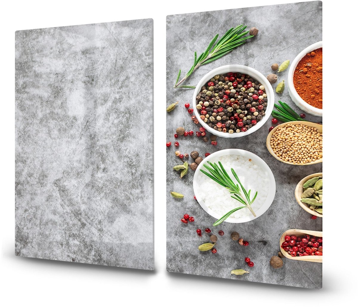 Mydesignglas Glazen Inductie Beschermer - Krasvrij Gehard Glas met Antislip - Afdekplaat voor Kookplaat - Spatscherm Achterwand Keuken - Kruiden & Specerijen, grijze achtergrond - 2x30x52