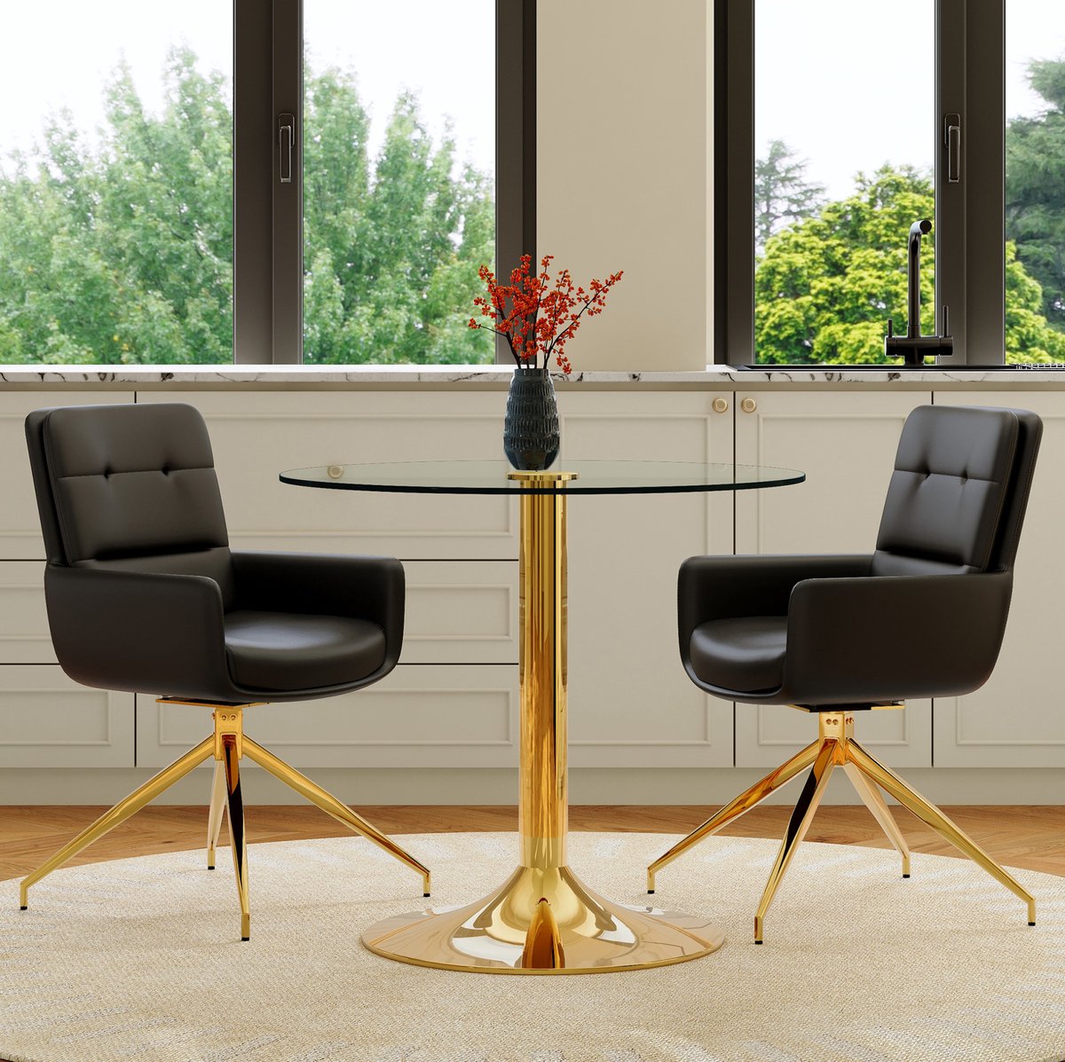 MODFU Tafel En Stoelenset - Rond - Glas - Metaal - Zwart - Goud - Transparant - 2 Stoelen