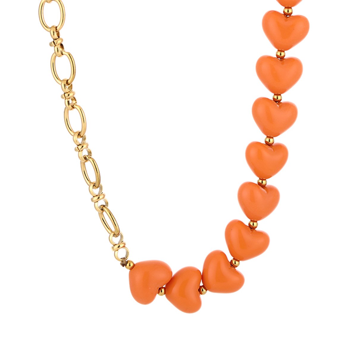 Heart Bead & Paperclip Chain Necklace – Harten Kralen Ketting – RVS - Oranje