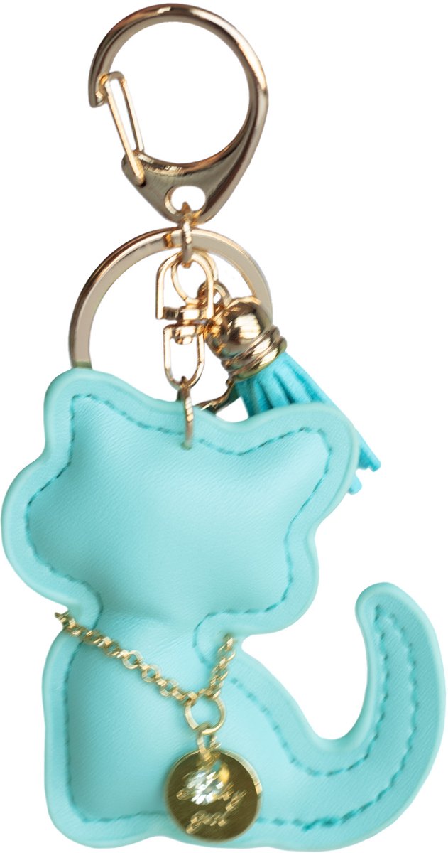 Kat Sleutelhanger Blauw - Kunstleren Bag Charm - Tas Hanger - Kat Accessoire met Kwastje