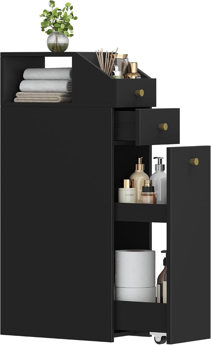 Hzuaneri kleine badkamerkast, nisbadkamerkast, smalle badkamerkast, toiletkast met lades, met lade op wielen, 40 x 20 x 80 cm, zwart