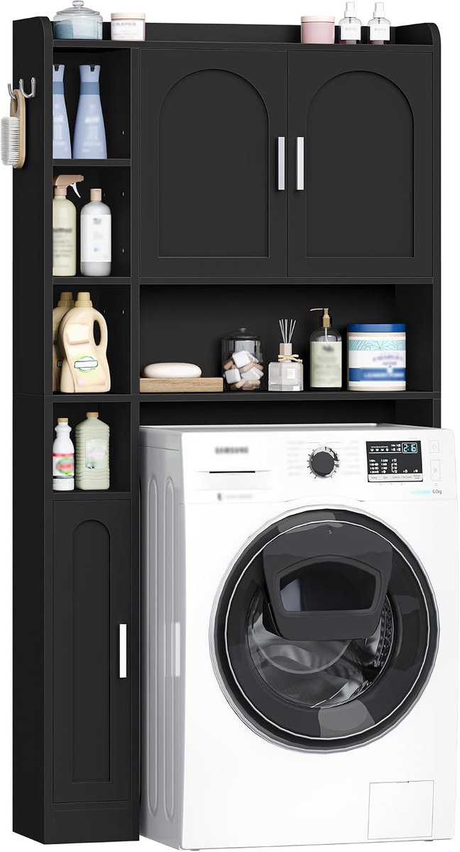 Hzuaneri wasmachinekast met 3 deuren, verstelbare planken, wasmachinerek met 5 open vakken, voor badkamer, toilet en wasruimte, 24 x 82 x 170 cm, zwart