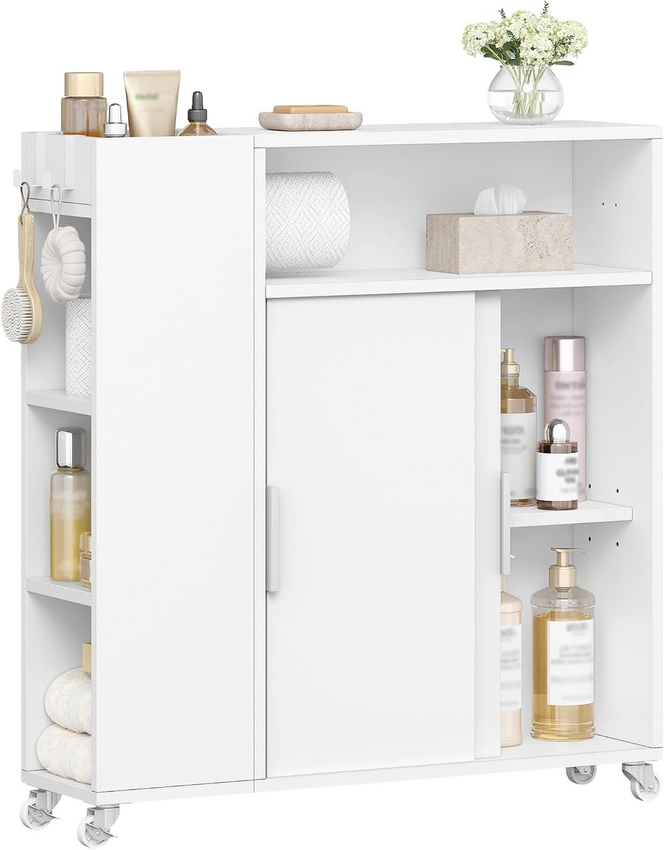 Hzuaneri Badkamerkast op wielen, nismeubel, schuifdeuren, badkamerkast met toiletpapierhouder, badkamertrolley, verstelbare planken, 20 x 70 x 80 cm wit
