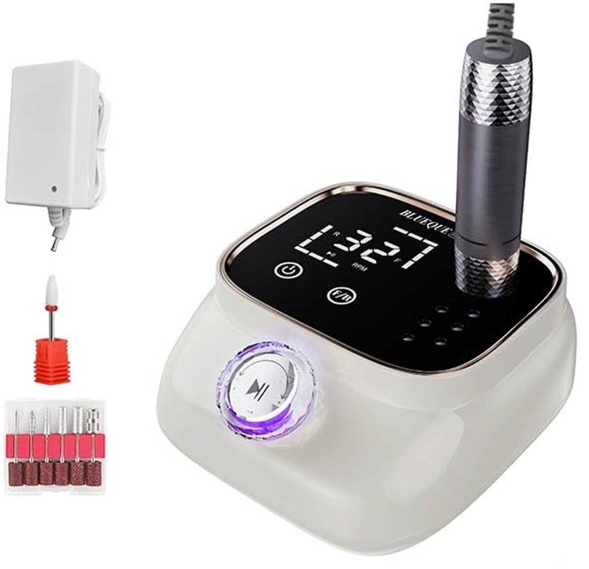 Elektrische nagelvijlset - 13×13,6×5,9 cm - Handgreep met hoge snelheid (45.000 tpm) en LCD-display - Inclusief vijlborstel en vijlkop - Ideaal voor nagelsalons en thuisgebruik - Wit