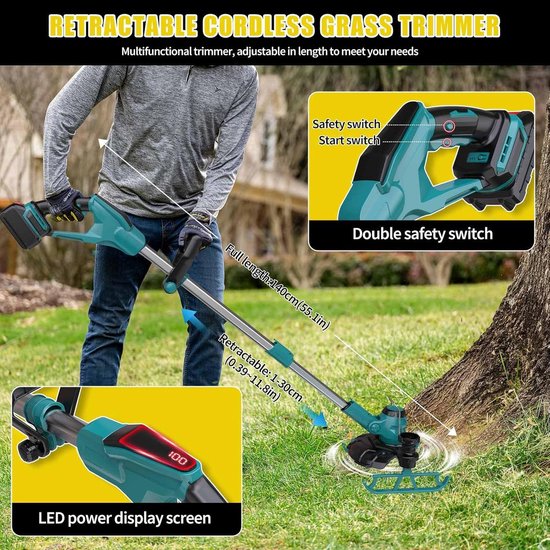Accu Grastrimmer - Onkruidborstel - Gazon Onderhoud - 5-in-1 Multifunctioneel - 2x 4.0 Ah Accu's - Zwart — afbeelding 2