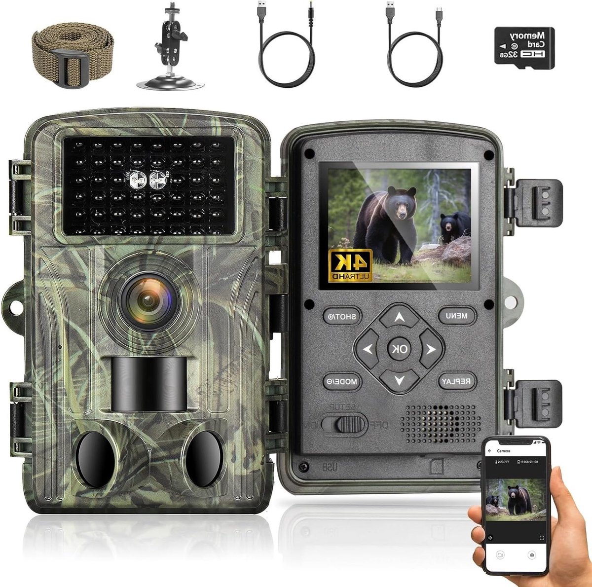 Wildcamera WLAN 4K - Wildlifecamera WiFi - Observatie van dieren - 32GB SD-kaart inclusief - 120 graden kijkhoek - Camouflage