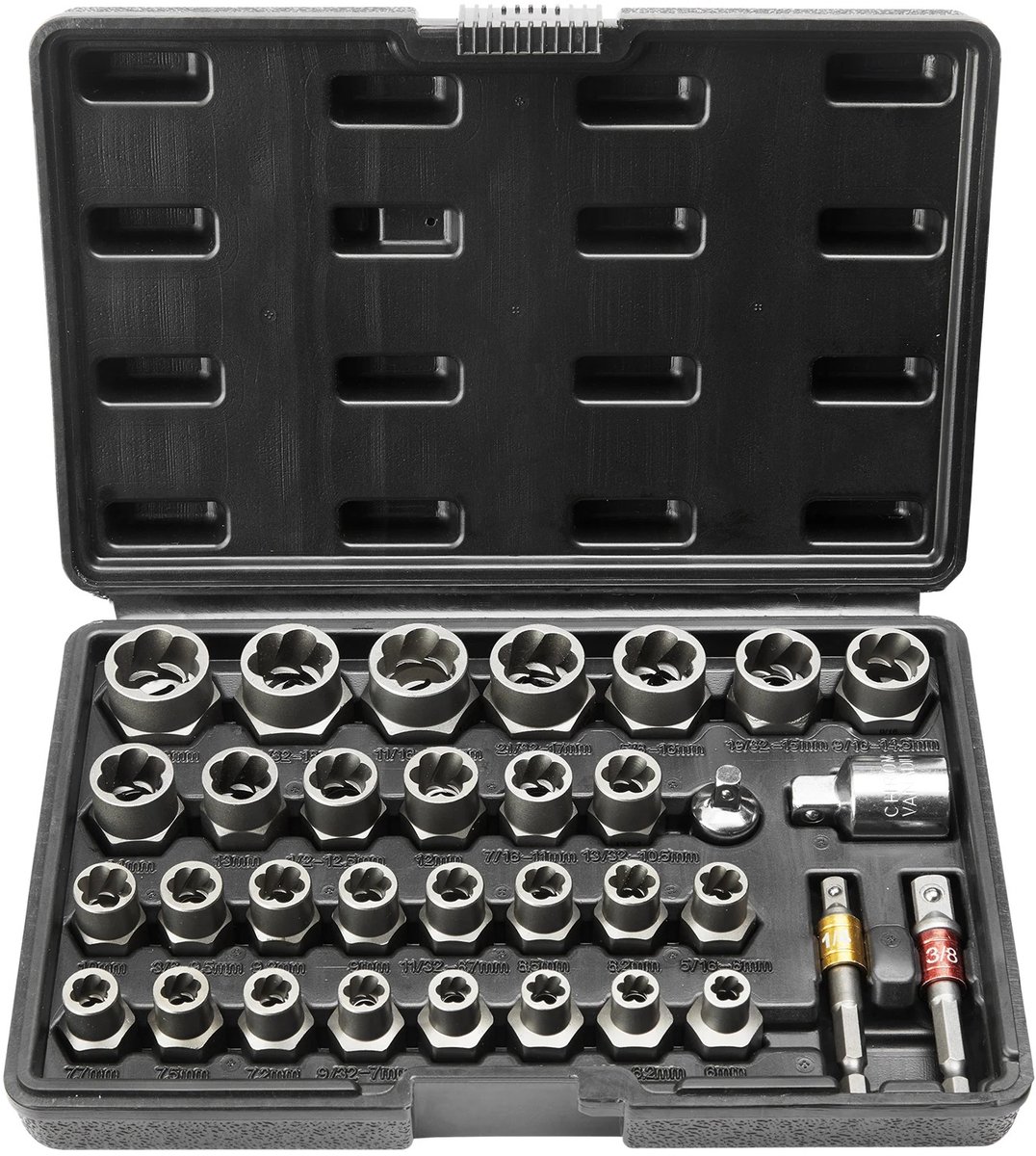 Velori Bouttrekkerset 29-delig - Bout- en Moerverwijderaar - Extractor Doppenset - Cr-Mo Staal - 6 mm t/m 19 mm - Voor Vastgeroeste, Afgebroken en Dolgedraaide Bouten