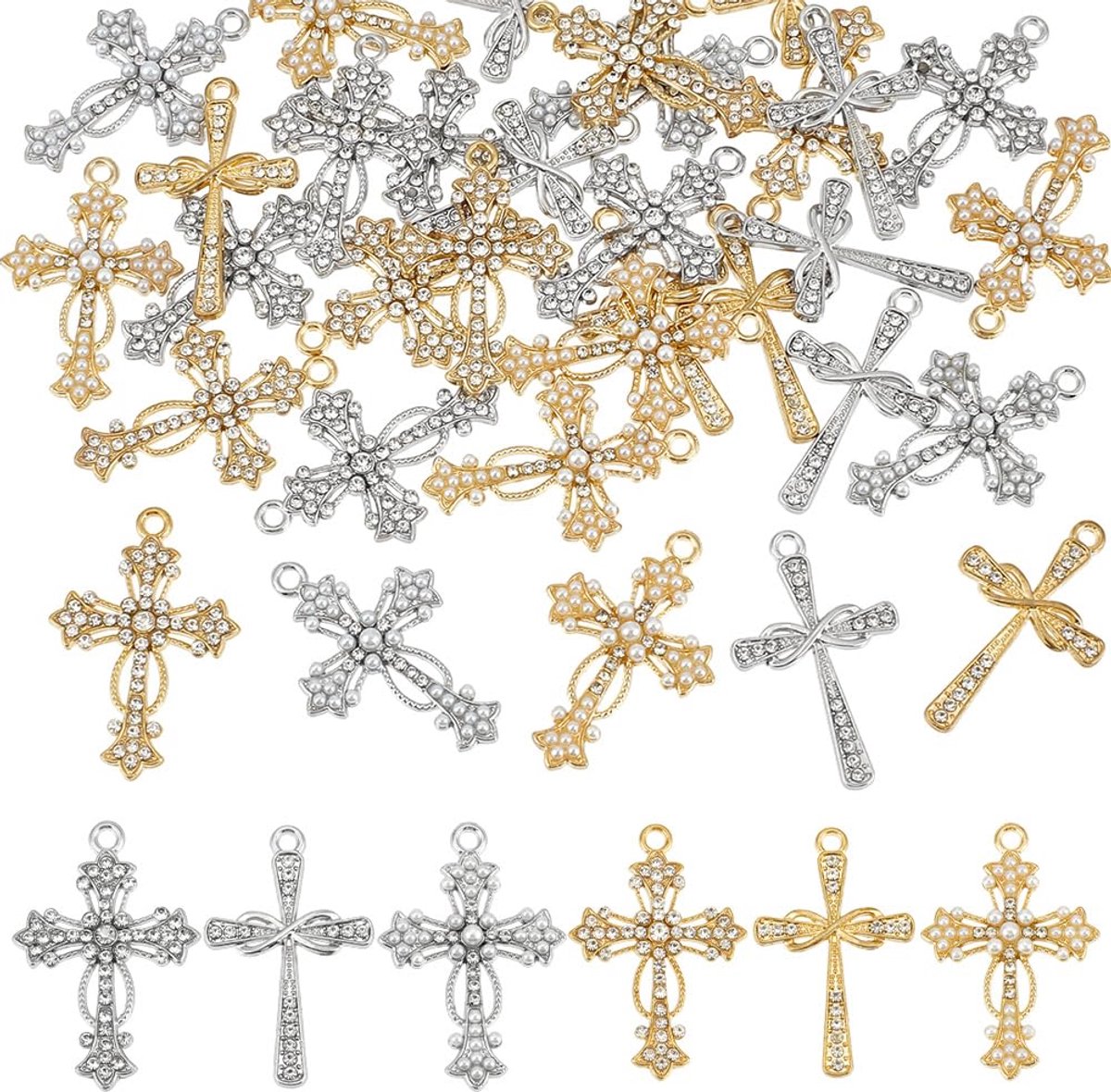 36 stuks 6 stijlen legering strass kruis hangers, kristal parel kralen kruis bedels Pasen kruisbeeld bedels voor sieraden maken bedels doe-het-zelf ketting oorbellen sleutelhanger ambachtelijke