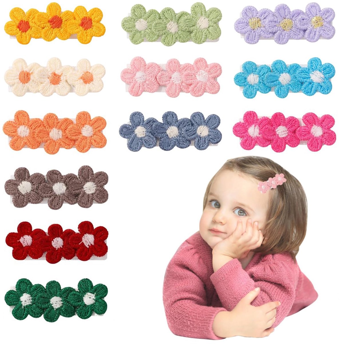 Set van 12 bloemen babyhaarspelden voor meisjes, volledig gevoerd, antislip haarspelden, haaraccessoires, geschikt voor pasgeborenen en peuters
