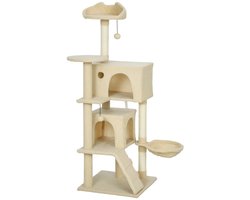 Kattenkrabpaal 140 cm Met Hangmat, Ladder, Holletje, 2 Pluche Speelballen, Sisalkrabpalen, Kattenboom, Beige, 48x48x140 cm, Meerlaagse Kattentoren Met Knusse Ligplekken, Ruime Schuilplek, Zachte Hangmat, Bovenplatform In Kattenoorvorm, Stevige Anti-K