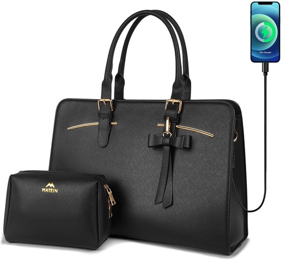 Zwarte PU leren werktas met strikdetail en een bijpassende clutch. Telefoon laadt op via USB poort.