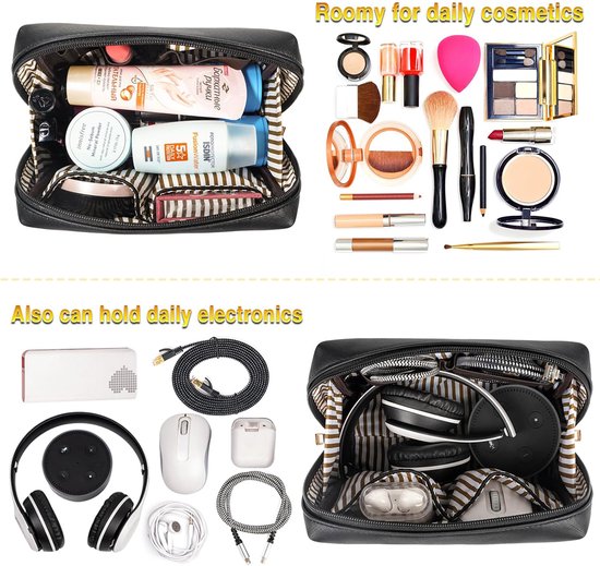 Zwarte make-up tas met gestreepte voering, gevuld met cosmetica en een andere tas met elektronica.