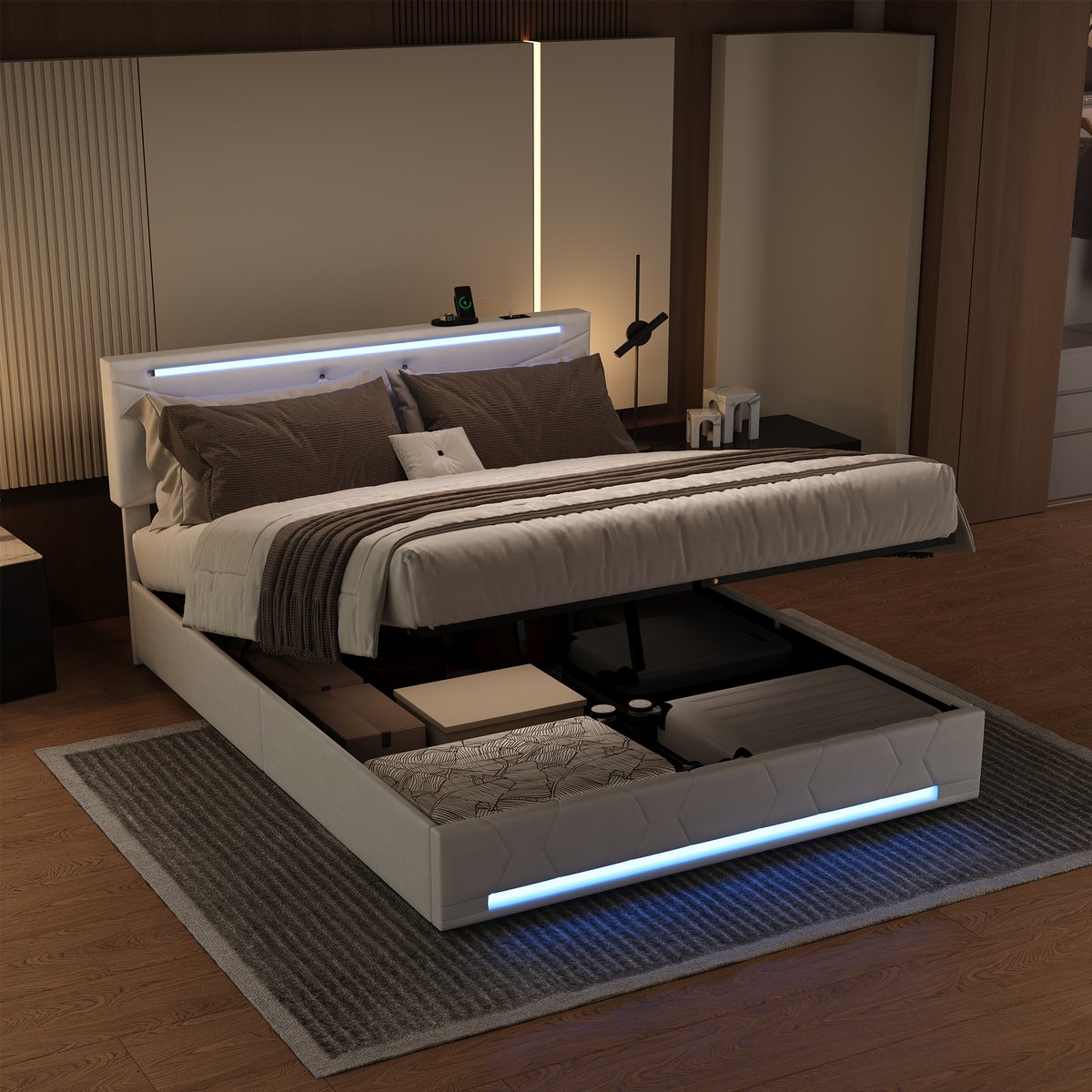 Opbergbed 140x200 cm met opbergruimte, Tweepersoonsbed met ledverlichting en USB-poort, Gestoffeerd met hydraulische opbergruimte, Bed met lattenbodem, fluweel Beige