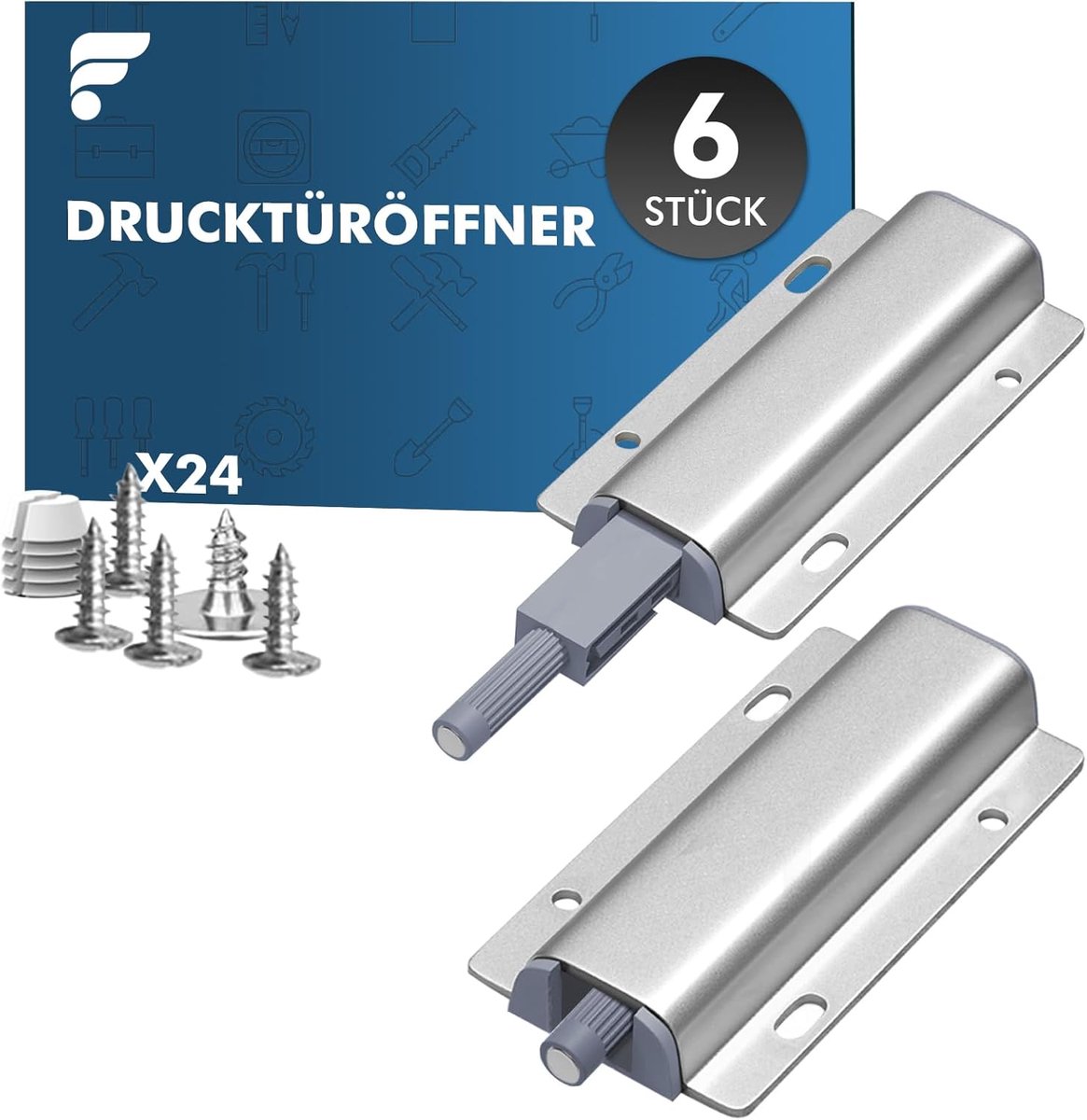 SnelShoppen - 6 Stuks Druk om te Openen Deuropener met 24 Schroeven, Drukopener voor Kasten, Magnetische Deuropener voor Lades en Kasten, Aluminium, H