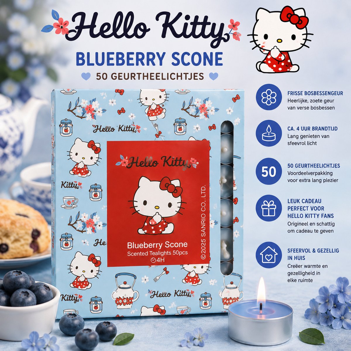Hello Kitty Geurkaarsen – Blueberry Scone – 50 Geurtheelichtjes – 4 Branduren – Cadeauset