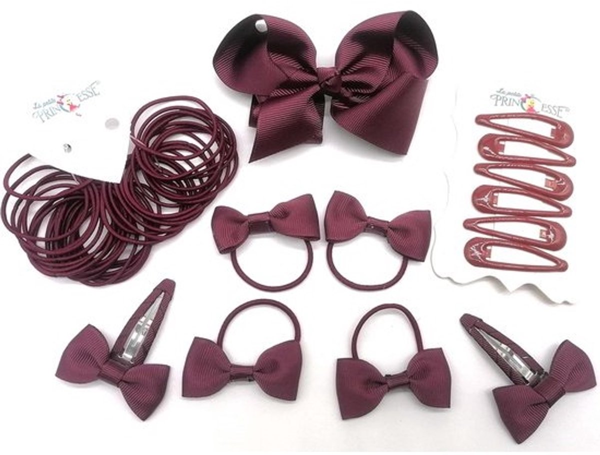 Set van 35 Haaraccessoires: Strikjes, Bubbles, Haarspeldjes en Elastiekjes - Bordeauxrood