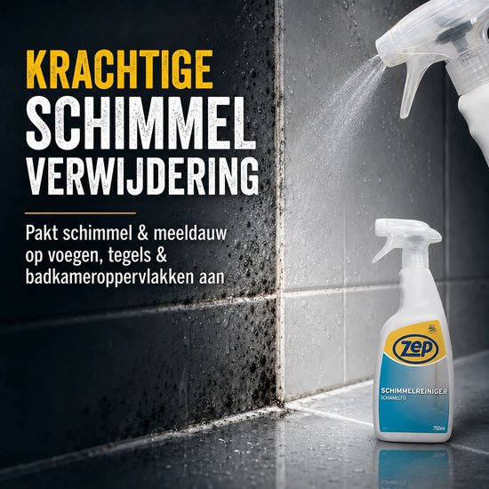 Zep schimmelreiniger sprayt op schimmelige tegels. "Krachtige schimmel verwijdering".