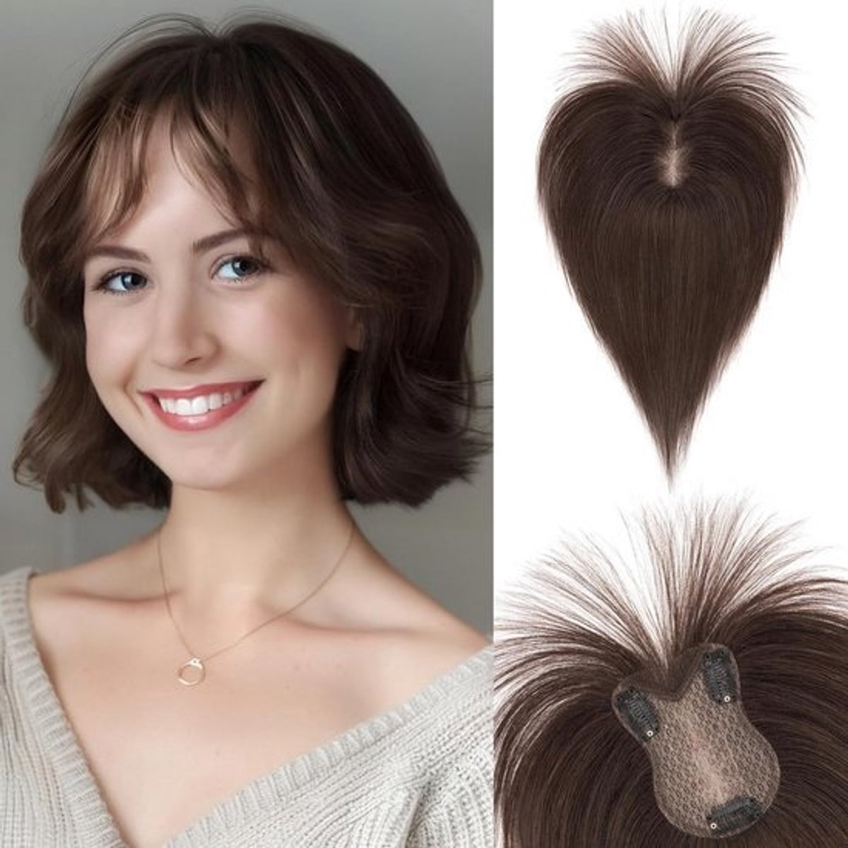 Haartopper met Pony voor Vrouwen, Echt Menselijk Haar, Volume en Dekking, 28 cm Donkerbruin