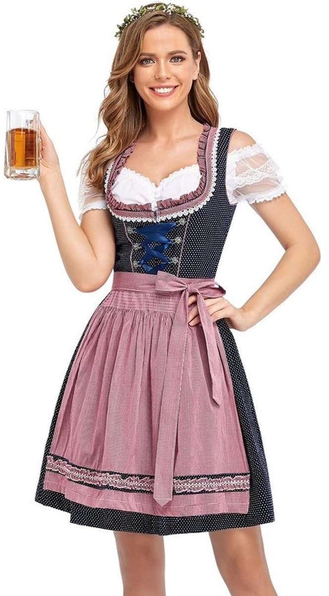 Traditionele Dirndl Jurk Dames Midi – Beiers Oktoberfest Kostuum met Schort