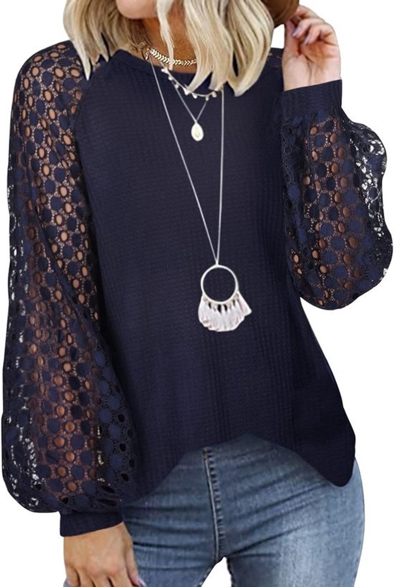 Elegante Dames T-shirt met Lange Mouwen en Kant - Casual & Losvallend