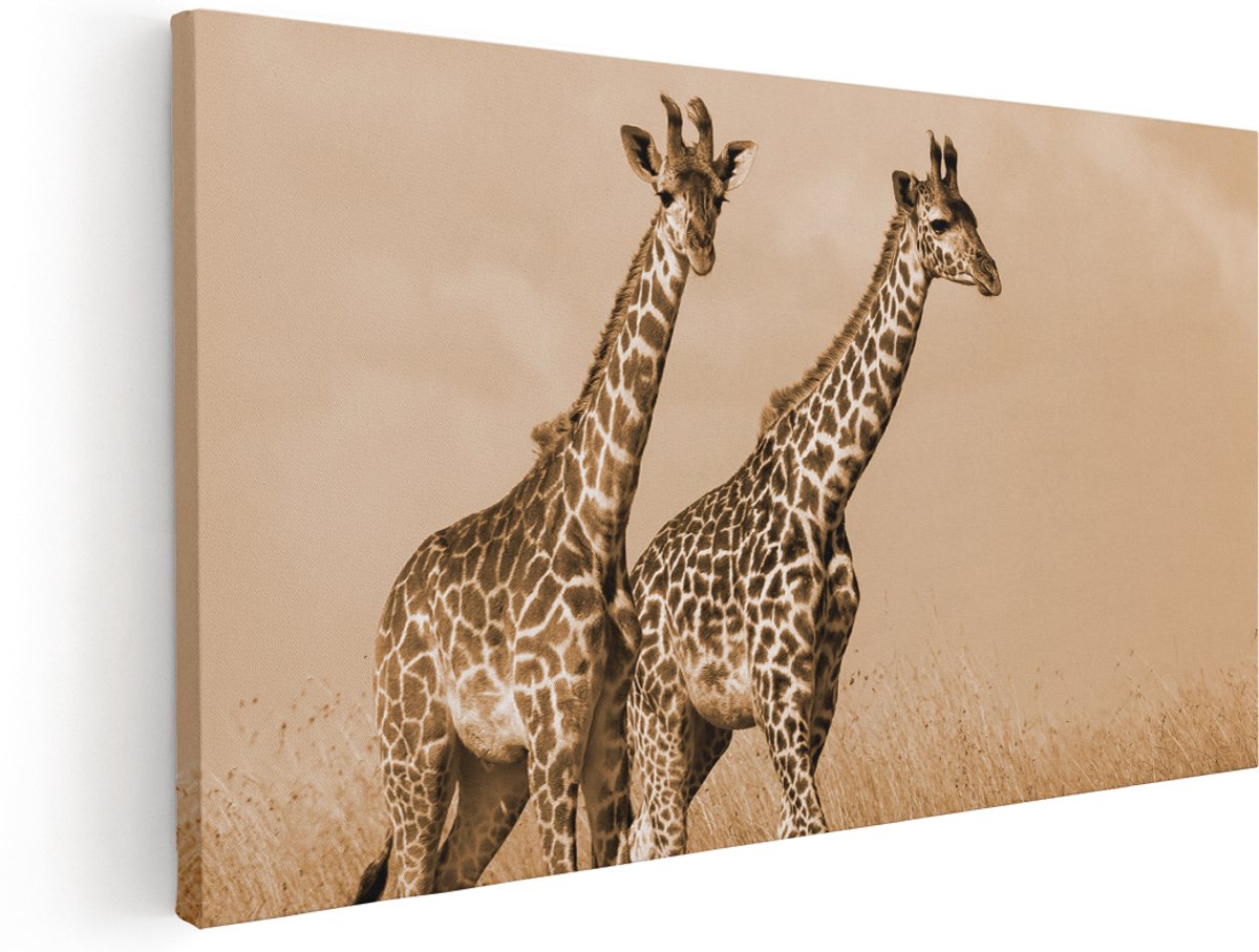 Artaza Canvas Schilderij Twee Giraffes In Het Veld - 180x90 cm - Groot - Wanddecoratie Woonkamer - Schilderijen - Muurdecoratie