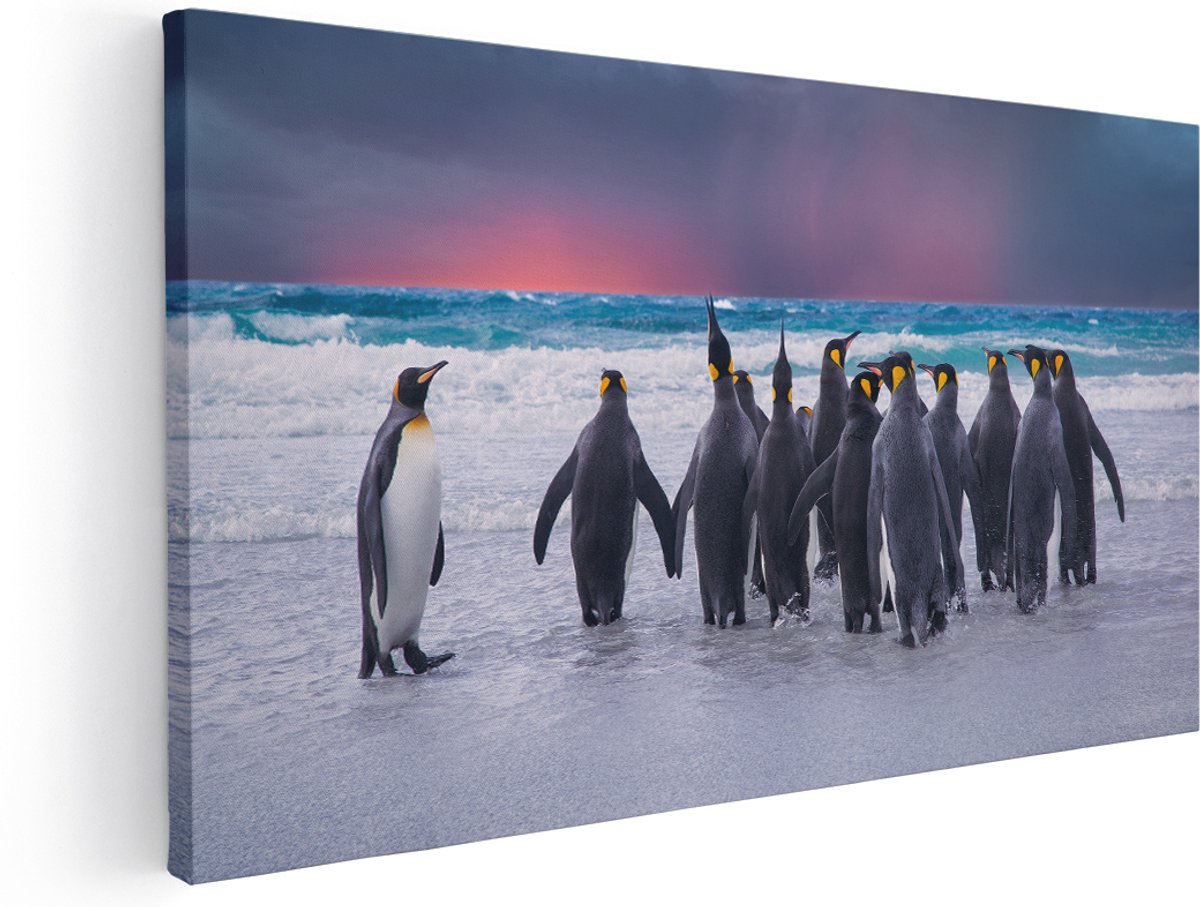 Artaza Canvas Schilderij Groep Pinguïns bij het Water - Kudde - 180x90 cm - Groot - Wanddecoratie Woonkamer - Schilderijen - Muurdecoratie