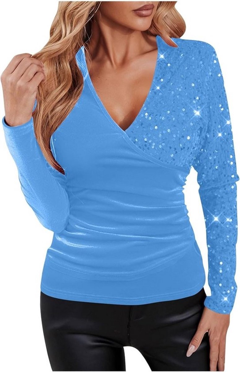 Luxe Fluwelen Sequin Top met V-Hals voor Dames Lange Mouwen Feestelijk Glanzend Shirt