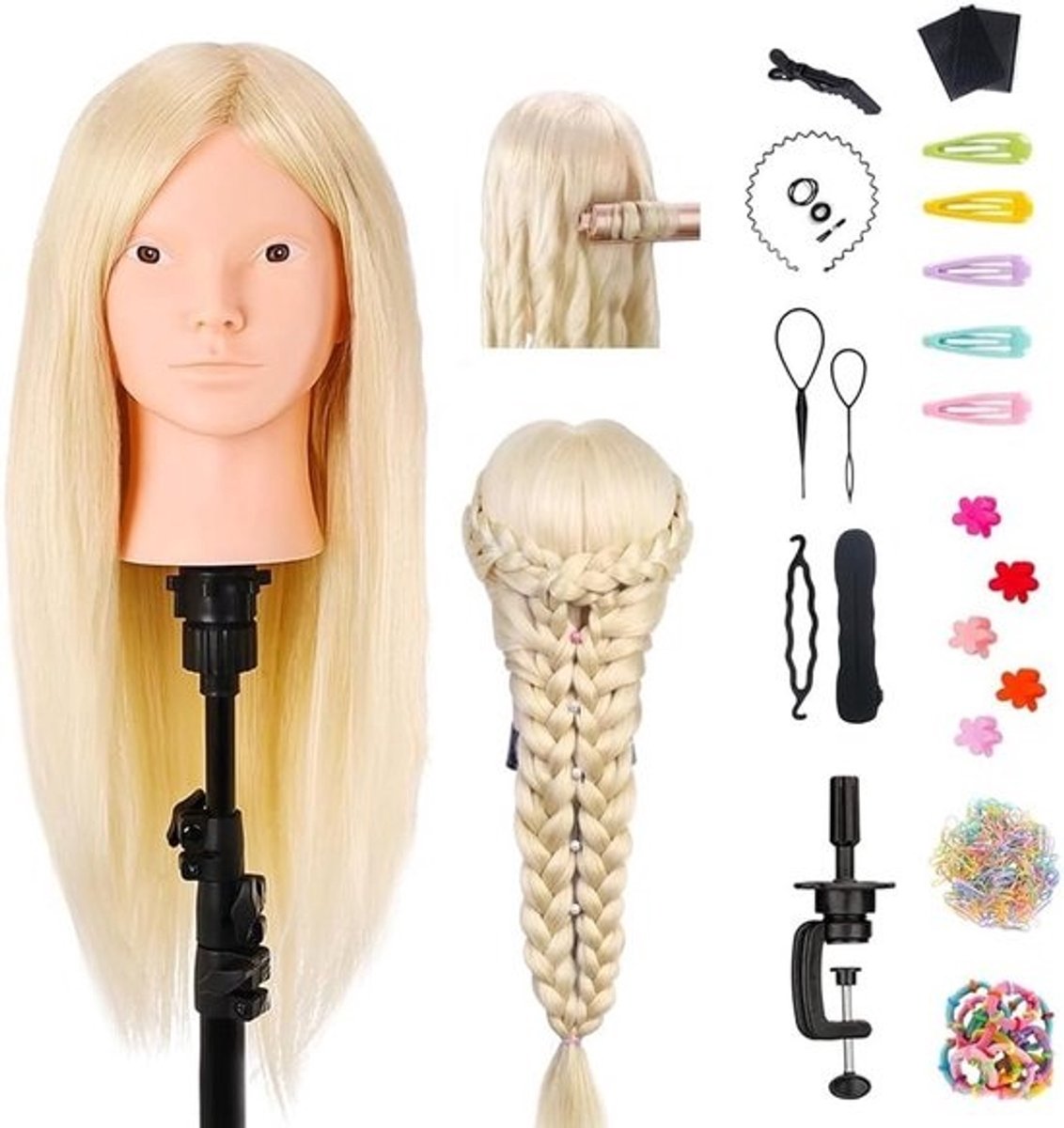 Trainingshoofd Haarstukken 66 cm met Echt Haar, Inclusief Vlechtassistent en Klem