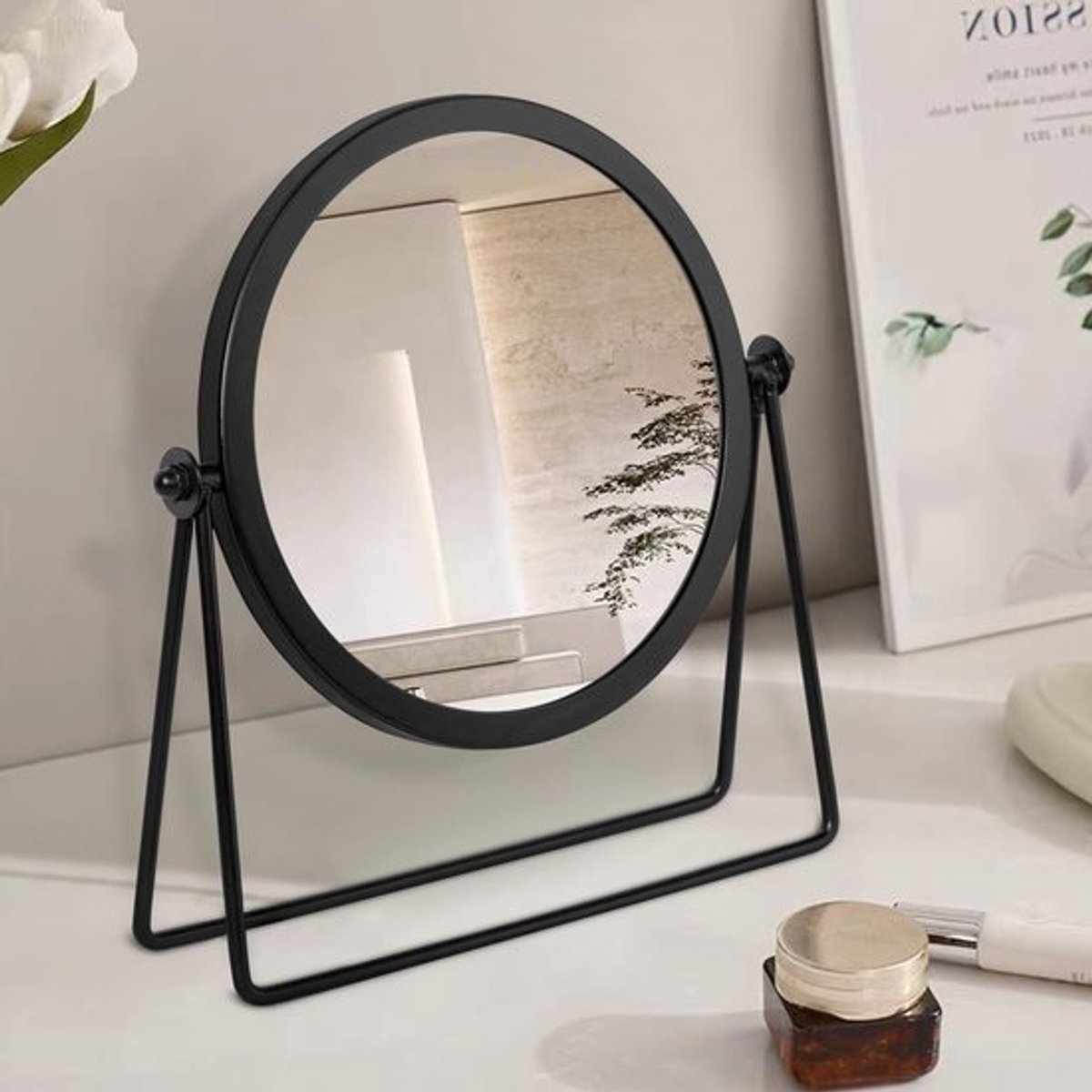 Allecto Premium - Metalen Tafelspiegel - 360° Draaibaar - Make-up Spiegel voor Kantoor en Studentenkamer - Zwart