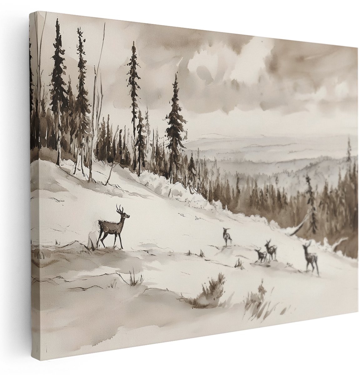 Artaza Canvas Schilderij Landschap - 160x120 cm - Groot - Wanddecoratie Herten In Sneeuw - Muurdecoratie Winter Bos - Decoratie Aquarel