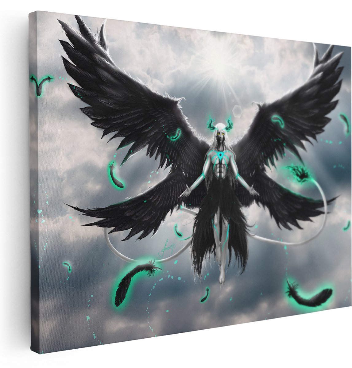 Artaza Canvas Schilderij Gevallen Engel - 160x120 cm - Groot - Wanddecoratie Donkere Vleugels - Muurdecoratie Spiritueel - Schilderijen Op Canvas