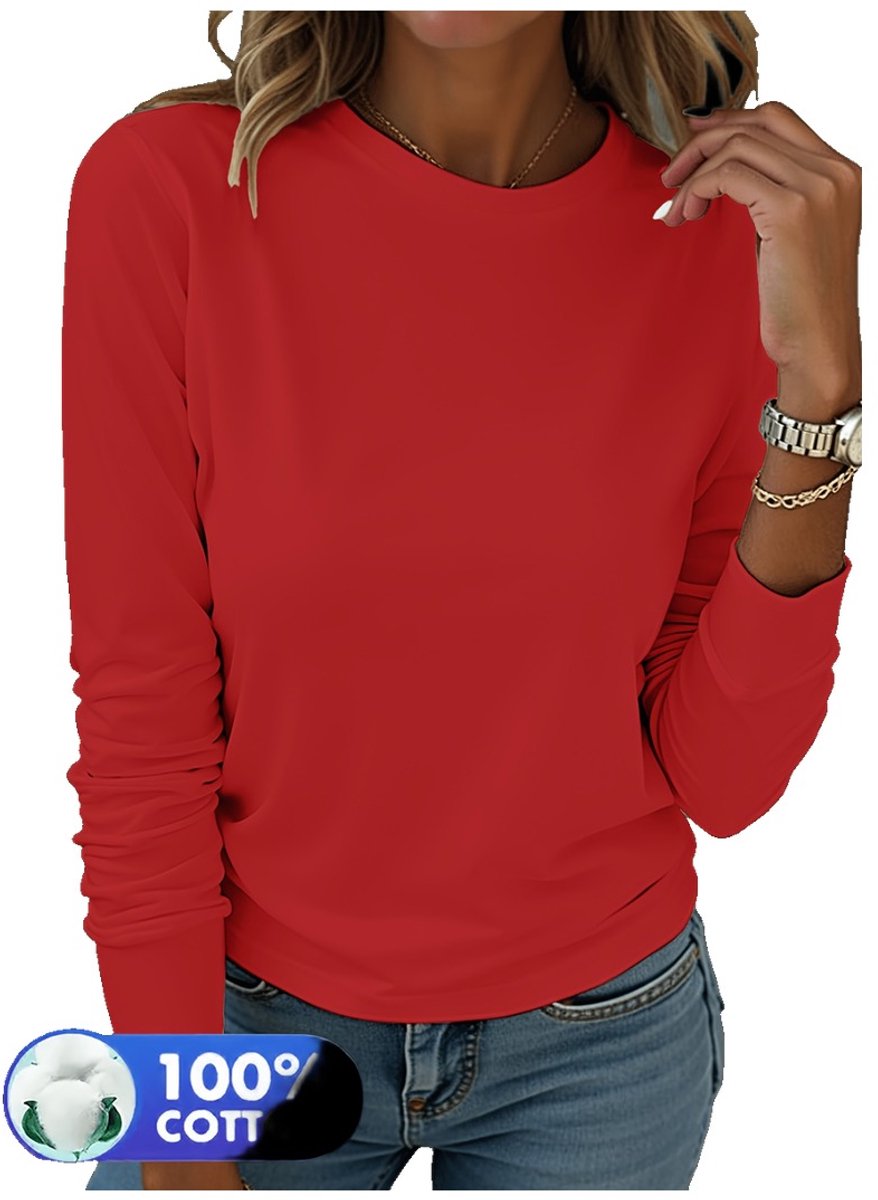 Currero Longsleeve Dames Oversized Lange Mouwen Shirt Roundneck Vrouwen Kleding T-Shirt Rood