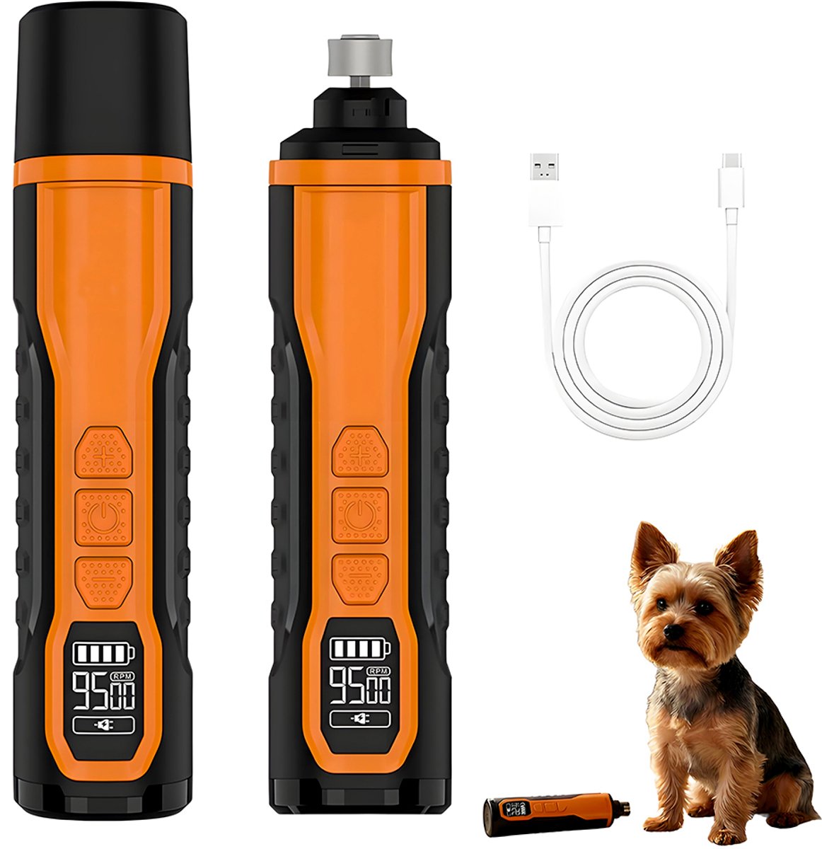 Nagelvijl voor honden – Elektrische nageltrimmer – Nagelvijl voor huisdieren – met LED-verlichting – Veilig en stil – Geschikt voor grote, middelgrote en kleine honden en katten – 2000mAh batterij – 36 x 158 x 33,9 mm – Zwart en oranje