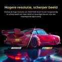 Een rode sportwagen toont een scherp 2560x1440 beeld naast een wazig 1920x1080 beeld.